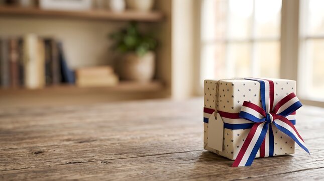 Patriotic gift box with red white and blue ribbon on wooden table