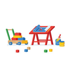 A vibrant vector illustration depicting a red drafting table with blueprints, a toy wagon full of blocks, and colorful paint buckets. © Aqil Art