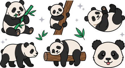 Cute giant panda bear cartoon characters vector illustration collection featuring eating bamboo climbing tree sleeping on log and face elements. © Prodip