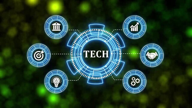 Digital technology concept with glowing circles and icons motion graphic.