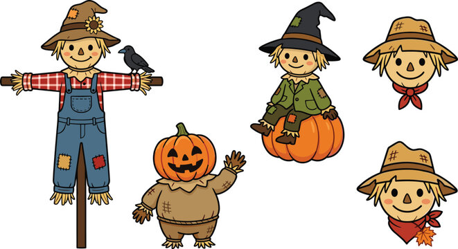 Cute halloween scarecrow and pumpkin cartoon characters vector illustration collection featuring straw man overalls witch hat crow and face elements.