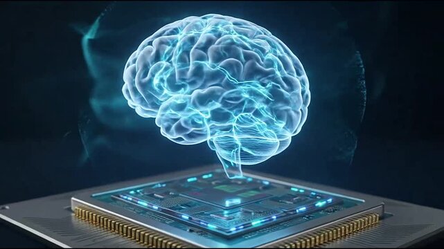 Glowing digital brain hovering over a CPU processor chip