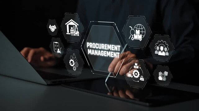 Futuristic Procurement Management Concept with Digital Icons Displayed on Laptop Screen in Dark Office Environment for Business Use Sigmoid