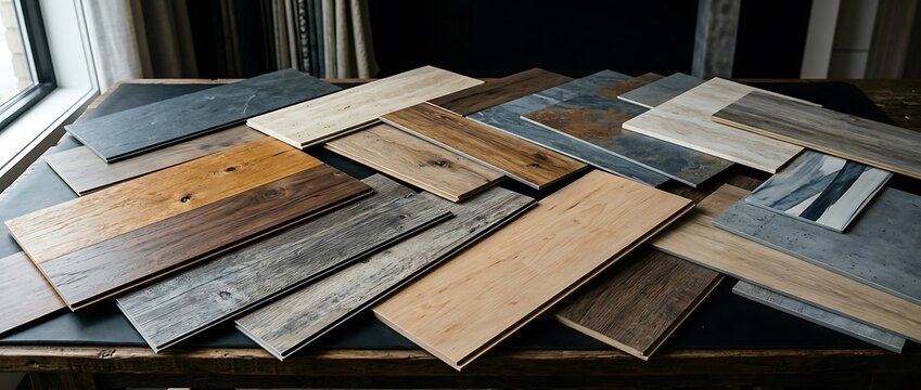 Assorted wood and stone flooring samples for interior design and renovation