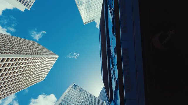 A panoramic view from below looking up at modern skyscrapers in Hong Kong's skyline, with buildings featuring glass and concrete structures