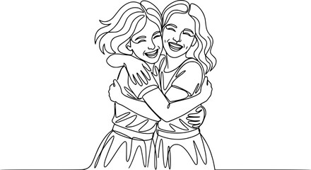 Fototapeta premium Two happy girls hugging, continuous line drawing, friendship and joy