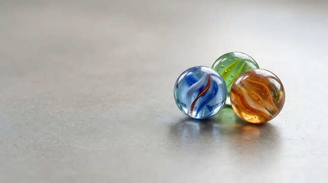 Three colorful glass marbles on a neutral grey background