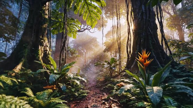 A serene forest scene with trees, ferns, and a bird of paradise flower on a misty morning in a tropical rainforest environment.