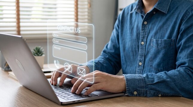 Business professional typing on laptop with virtual contact us form interface for customer support and online communication