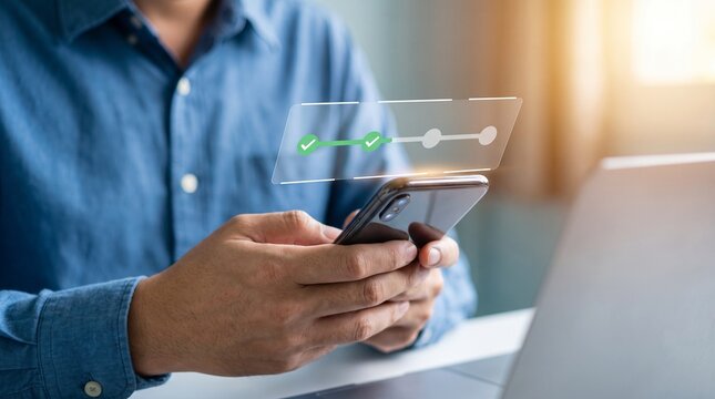 Adult using smartphone for secure mobile verification with digital checklist interface and laptop at desk