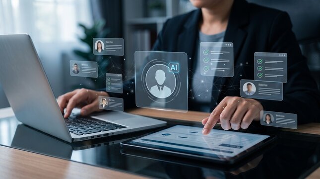 Business professional using laptop and tablet with AI recruitment interface, digital HR analytics and candidate screening