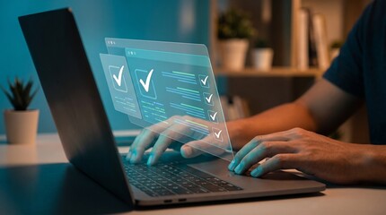 Person using laptop with virtual checklist interface for online task management, productivity and digital workflow © MRSTworks