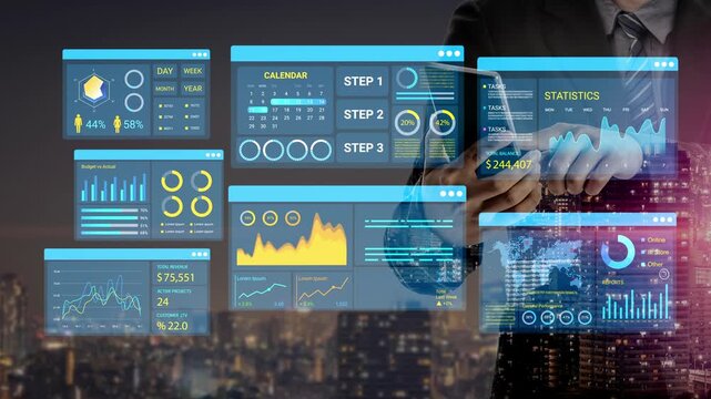 Business Professional Analyzing Metrics and Data Visualizations in a Modern Office Environment with Cityscape Background at Night. Entropy.
