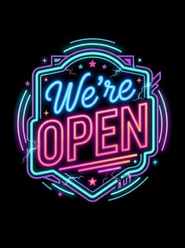 Retro neon we're open sign with cyan and magenta glowing lights