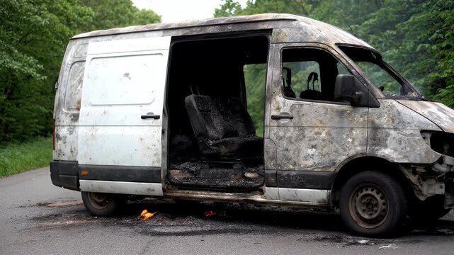 Burnt van vehicle destroyed by fire on the side of a road