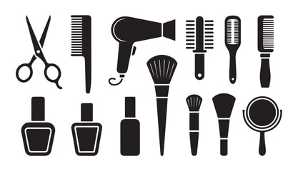 Fototapeta premium Vector set of beauty and hair salon icons including brushes scissors dryer and nail polish.