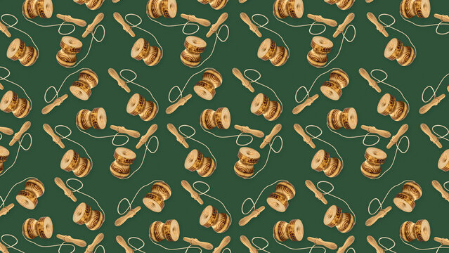 Chilean national day horizontal banner 16:9 with seamless pattern of traditional wooden emboque toys on green olive background