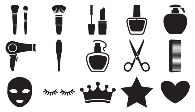 Assorted professional beauty salon and makeup tools icons isolated on transparent background.