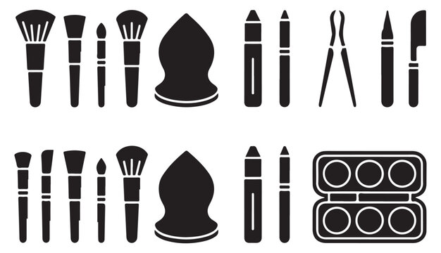 Set of makeup artist tools and accessories, black icons on transparent background.