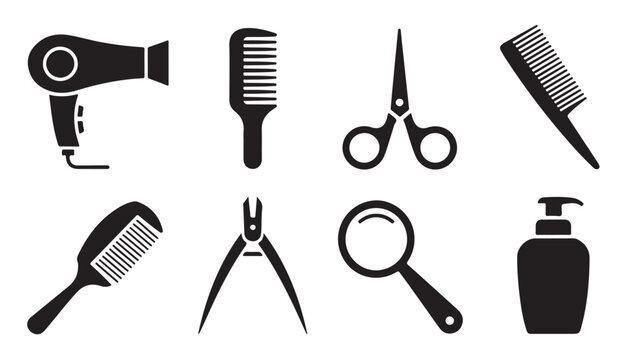 Hair salon and grooming tools silhouette icons set on checkered grid background design.