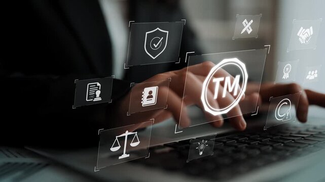 Trademark protection and legal compliance with TM icon, copyright law, patent check, intellectual property rights, and branding regulation enforcement Marrow