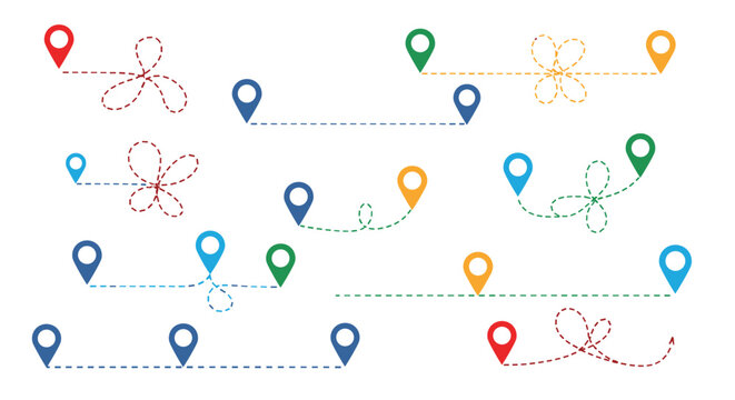 Infographic element featuring various colored location pins connected by dashed path lines in different loopy and straight configurations on white.