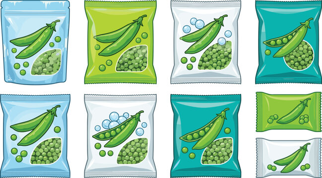 Frozen green peas packaging collection featuring fresh vegetable food bags with sealed pouch designs isolated vector illustration
