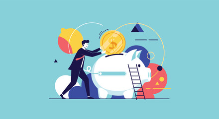 Obraz premium Businessman character carefully placing a large gold dollar coin into a giant white piggy bank for future financial savings.