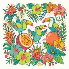 Obraz premium Vector Pattern Tropical Birds and Flowers in Modern Organic Style with Bright Color Palette