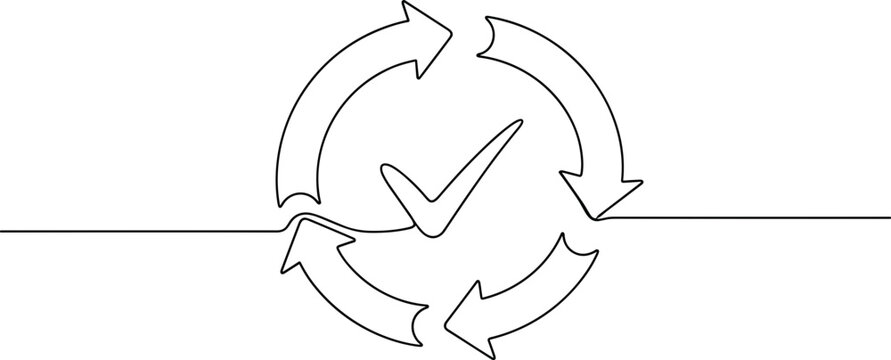 Continuous Improvement Cycle with Checkmark Icon - One Line Drawing