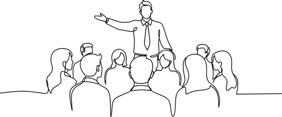 Speaker addressing audience, one line drawing, business meeting, presentation © lukman