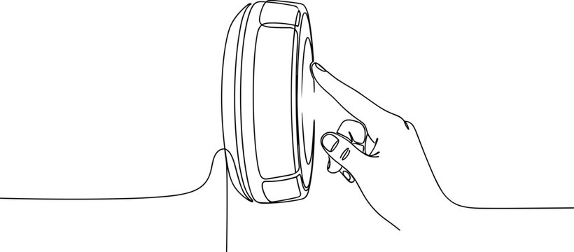 Continuous line drawing of a finger pressing a button on a round device