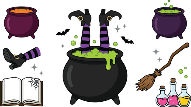 Halloween witch cauldron collection featuring bubbling potion, witch legs, magic broom, spell book and spooky potion bottles vector illustration