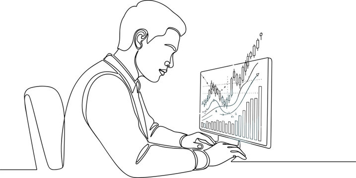 Businessman analyzing stock market graph on computer screen, continuous line art