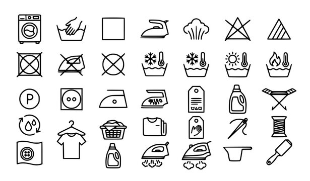 Fabric Care and Laundry Instruction Outline Vector Icons Collection for Textile Industry