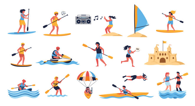 Comprehensive set of people participating in various summer water sports and beach activities like kayaking surfing and sandcastle building.