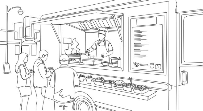 Food Truck Scene: Chef Serving Customers at Window, Outdoor Dining