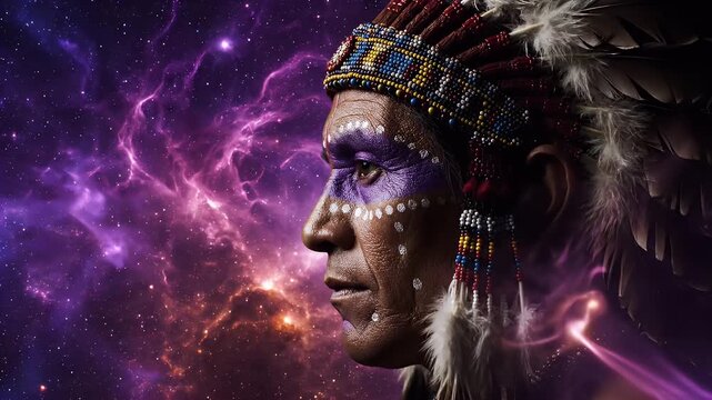 Native american man with traditional headdress and face paint in space