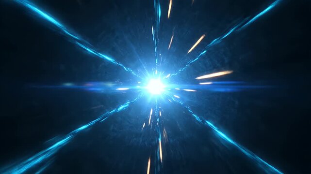 Hyper speed light travel through a blue glowing space tunnel