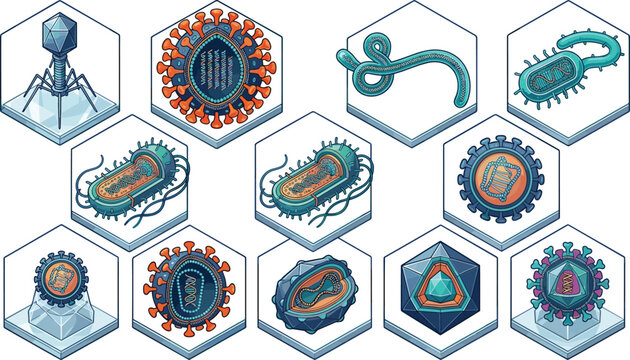 Isometric virus and bacteria collection featuring pathogenic microorganisms bacteriophages microbes and infectious disease icons for medical science vector illustration