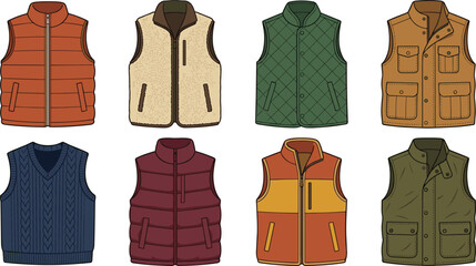 Men's vest collection featuring quilted puffer fleece utility and casual sleeveless jackets for outdoor fashion vector illustration © Prodip