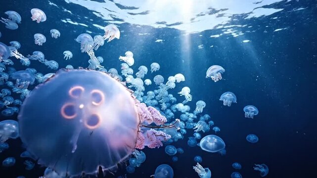 Large jellyfish and many small ones swim underwater with sunlight shining through