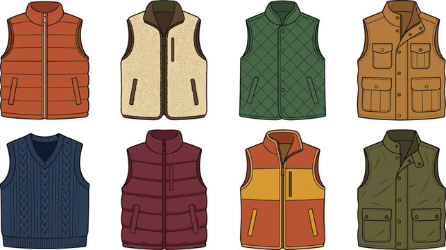 Men's vest collection featuring quilted puffer fleece utility and casual sleeveless jackets for outdoor fashion vector illustration