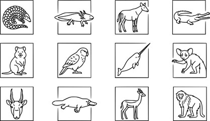 Black and White Line Art Animal Icons. Diverse Wildlife Collection for Nature, Education, and Biology Illustrations. Simple Outline Vector Art. © ilaalaa