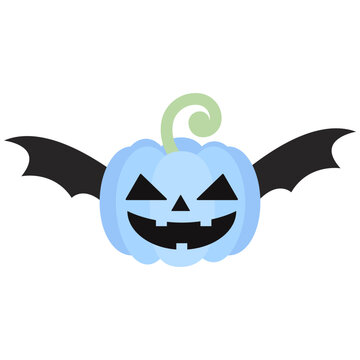 Cute Blue Pastel Halloween Pumpkin Jack o lantern with Black Bat Wings Vector