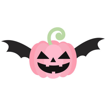 Cute Pastel Pink Halloween Pumpkin Jack o lantern with Black Bat Wings Vector