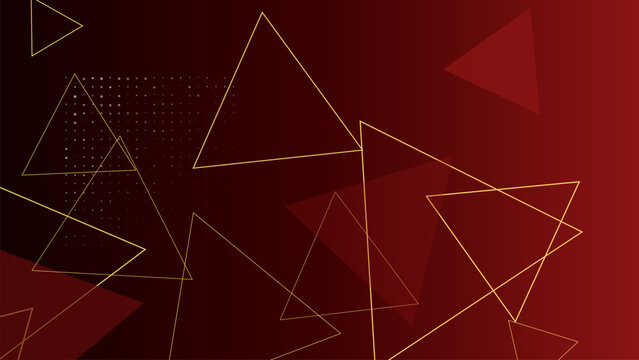 Abstract dark red background with golden geometric wireframe triangles and digital network connection lines.