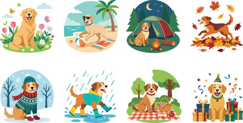 Fototapeta premium Cute Dog Seasonal Activities Illustration Set with Camping, Beach and Celebration Scenes