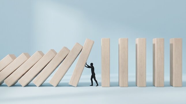 Human silhouette stopping falling wooden domino blocks, risk management, crisis prevention and business resilience concept