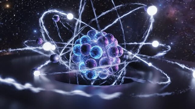Vibrant purple and blue atom model floats in dark space with glowing electrons
